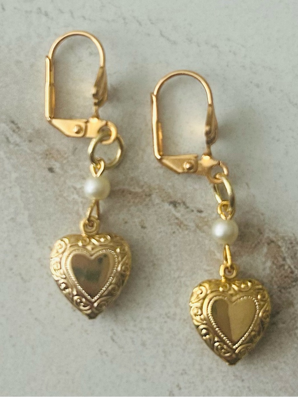 Unbranded Gold Toned Heart Drop Earrings with Faux Pearl Accents